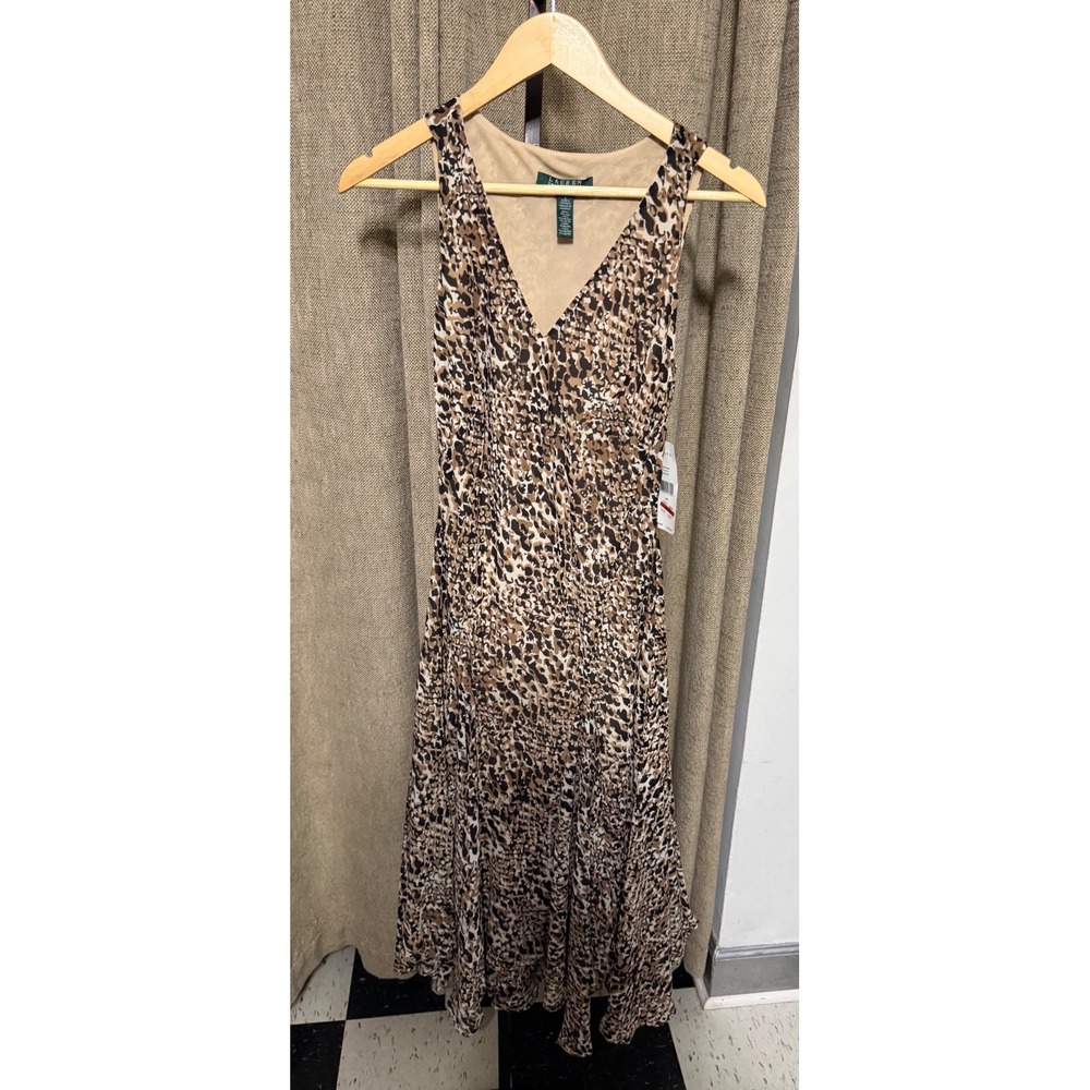 Lauren Ralph Lauren Leopard Print Handkerchief Hem Midi Dress NWT Size 2